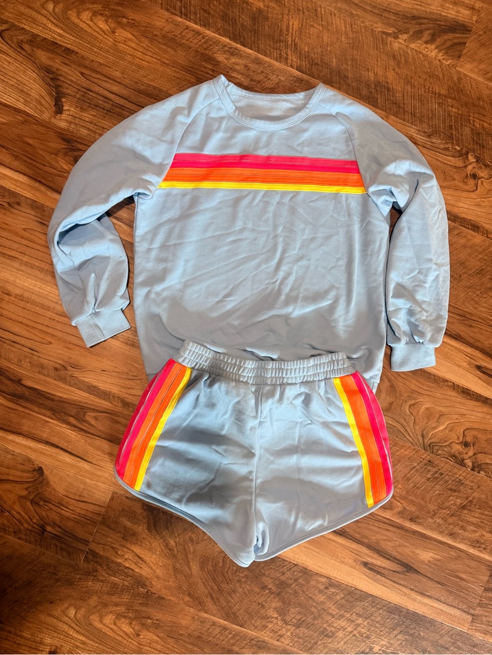 Light Blue Two-Piece Sweatshirt & Short Set with Pink and Yellow Stripes